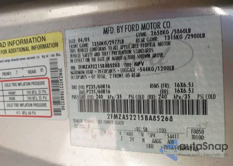 2005 Ford Freestar Sel z USA, uszkodzony, nr VIN 2FMZA52215BA85268